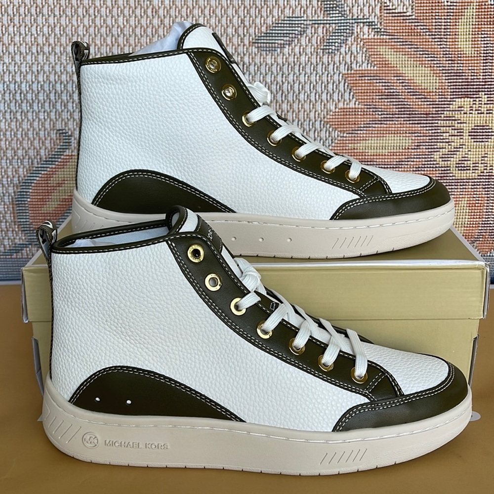 MICHAEL KORS White and Olive High-Top Leather Sneakers for Women